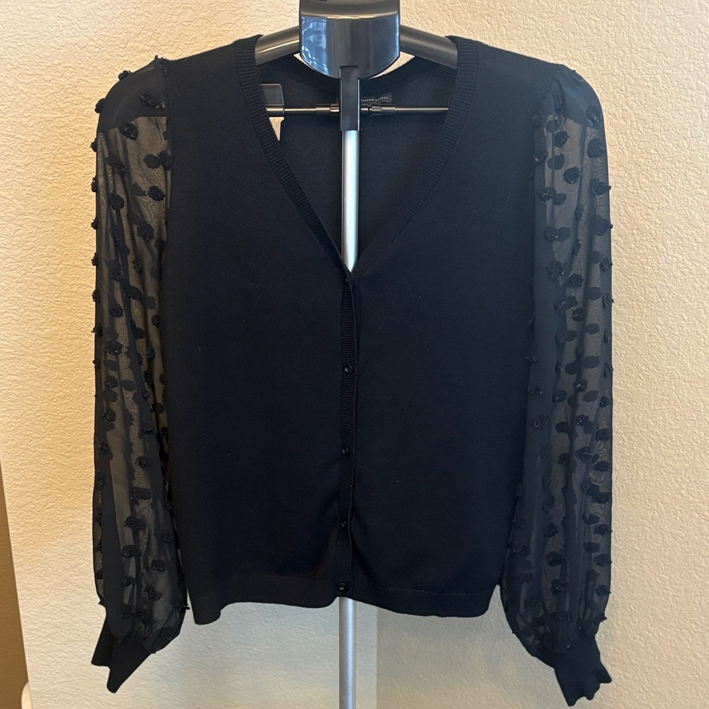 Adrianna Papell Black Button-Front Cardigan with Sheer Dot Sleeves